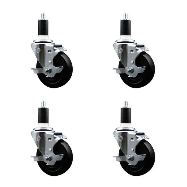 Service Caster 4'' SS Soft Rubber Swivel 1-3/8'' Expanding Stem Caster Set with Brake, 4PK SCC-SSEX20S414-SRS-TLB-138-4 - main